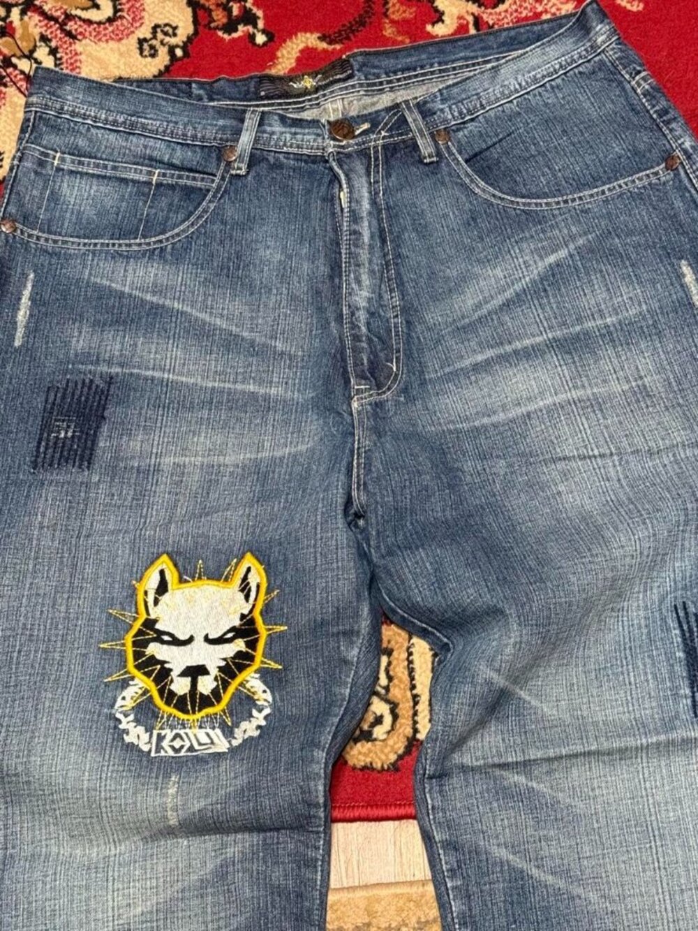 Y2K Kaalu jeans with dog embroidery and patches blue pre-distressed